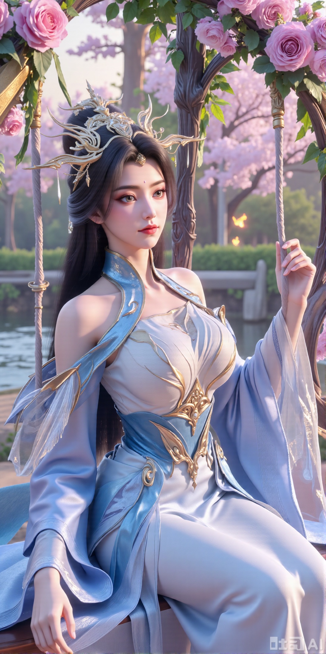 (masterpiece, best quality:1.2),In a cinematic shot with soft sunlight filtering through petals, a delicate fairy-like beauty swings gently on a flower swing amidst a whimsical garden. She wears a pale blue hanfu with flowing wide sleeves and a translucent silk sash tied around her slender figure. Her long black hair with blue highlights cascades down her back, adorned with a pearl hairpin. A gentle smile plays on her innocent eyes as she floats above the flowers, surrounded by fluttering butterflies and golden pollen particles. Magical runes float in the air, casting an ethereal glow. Vines wrap around the ropes of the swing, intertwined with roses and morning glories. The pastel color palette and fantasy atmosphere evoke a sense of wonder and enchantment.,(huge breasts:2.99),(full breasts:2.99),XyunxiaoYH3,Xfenlanzhanguopao,XbaifengsongyuYH,Xbigbreasts,XLiquidGlass,XnanxiaochengYH,Xmiaozufushi,Xkejinnudi,Xbiji
