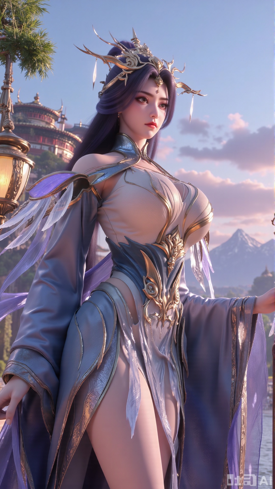 (masterpiece, best quality:1.2),1 girl, solo, long hair, black hair, hair accessories, clothing, cleavage cuts, long dress, jewelry, upper body, earrings. Background is outdoor, sky, clouds, water, trees, architecture, landscape, lantern, mountain, dragon, architecture, bridge, east Asian architecture, fog, pagoda,(huge breasts:2.99),(full breasts:2.99),Xaili2,XyunxiaoYH5,XlinziyueXZ,XtuliH,Xbigbreasts,XMedusaQueen,Xmiaozushaonv,Xkejinnvdi,Xbijinvshen