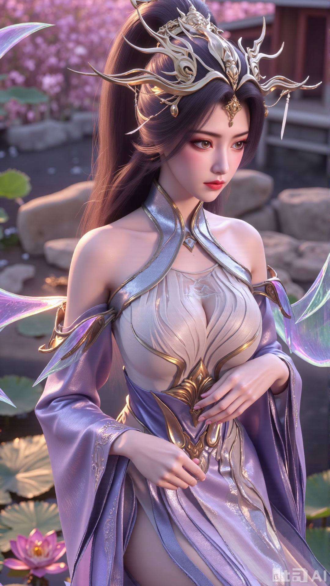 (masterpiece, best quality:1.2),1girl, navel, solo, midriff, bare shoulders, hair ornament,(long hair),(High double ponytail:1.49), red lips, BREAK, (looking at viewer:1.39), chinese clothes,(Holographic long dress:1.36), (lace,Rainbow Gradient Color:1.28), BREAK,blurry, solo focus, long hair, lips, daytime, lipstick, outdoors, standing,upper body,(huge breasts:2.89), background, solo, makeup,(Liquid glass style flowers:1.49),(huge breasts:2.99),(full breasts:2.99),,(Background with lotus pond and pink lotus flowers:1.39),Xaili2,XyunxiaoYH5,XlinziyueXZ,XtuliH,Xbigbreasts,XMedusaQueen,Xmiaozushaonv,Xkejinnvdi,Xbijinvshen