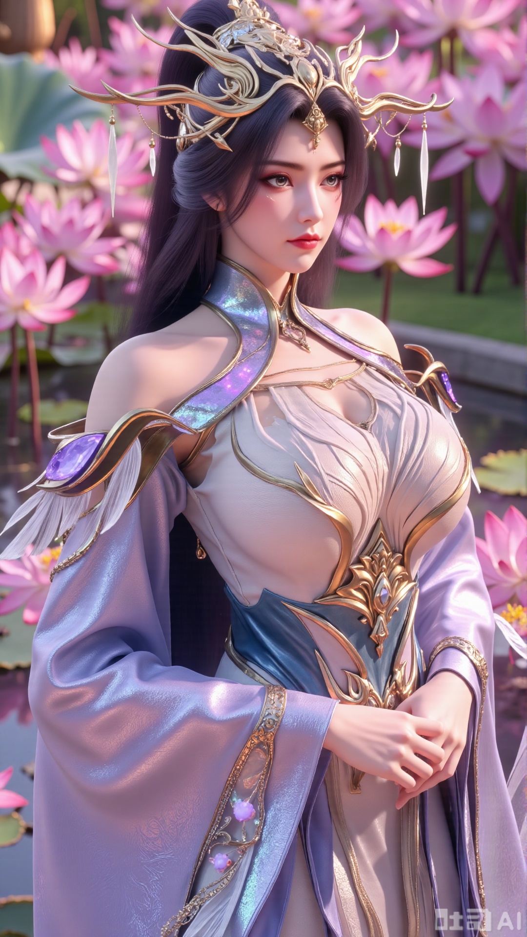 (masterpiece, best quality:1.2),1girl, navel, solo, midriff, bare shoulders, hair ornament,(long hair),(High double ponytail:1.49), red lips, BREAK, (looking at viewer:1.39), chinese clothes,(Holographic long dress:1.36), (lace,Rainbow Gradient Color:1.28), BREAK,blurry, solo focus, long hair, lips, daytime, lipstick, outdoors, standing,upper body,(huge breasts:2.89), background, solo, makeup,(Liquid glass style flowers:1.49),(huge breasts:2.99),(full breasts:2.99),,(Background with lotus pond and pink lotus flowers:1.39),Xaili2,XyunxiaoYH5,XlinziyueXZ,XtuliH,Xbigbreasts,XMedusaQueen,Xmiaozushaonv,Xkejinnvdi,Xbijinvshen