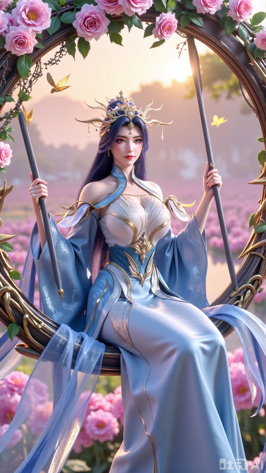 (masterpiece, best quality:1.2),In a cinematic shot with soft sunlight filtering through petals, a delicate fairy-like beauty swings gently on a flower swing amidst a whimsical garden. She wears a pale blue hanfu with flowing wide sleeves and a translucent silk sash tied around her slender figure. Her long black hair with blue highlights cascades down her back, adorned with a pearl hairpin. A gentle smile plays on her innocent eyes as she floats above the flowers, surrounded by fluttering butterflies and golden pollen particles. Magical runes float in the air, casting an ethereal glow. Vines wrap around the ropes of the swing, intertwined with roses and morning glories. The pastel color palette and fantasy atmosphere evoke a sense of wonder and enchantment.,(huge breasts:2.99),(full breasts:2.99),,Xaili2,XyunxiaoYH5,XlinziyueXZ,XtuliH,Xbigbreasts,XMedusaQueen,Xmiaozushaonv,Xkejinnvdi,Xbijinvshen