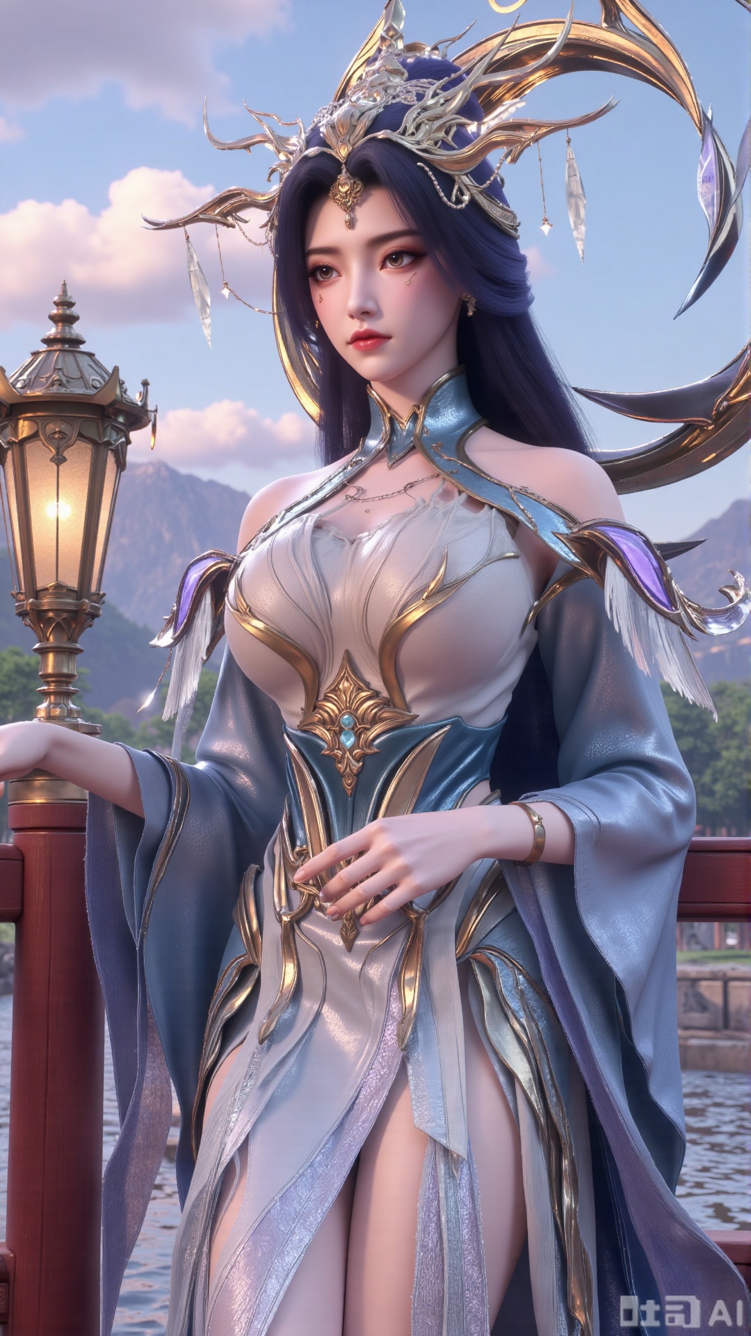 (masterpiece, best quality:1.2),1 girl, solo, long hair, black hair, hair accessories, clothing, cleavage cuts, long dress, jewelry, upper body, earrings. Background is outdoor, sky, clouds, water, trees, architecture, landscape, lantern, mountain, dragon, architecture, bridge, east Asian architecture, fog, pagoda,(huge breasts:2.99),(full breasts:2.99),Xaili2,XyunxiaoYH5,XlinziyueXZ,XtuliH,Xbigbreasts,XMedusaQueen,Xmiaozushaonv,Xkejinnvdi,Xbijinvshen