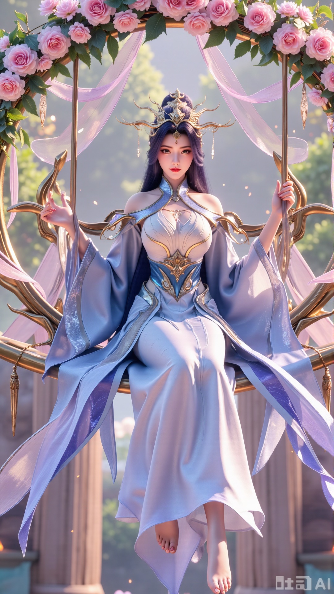 (masterpiece, best quality:1.2),In a cinematic shot with soft sunlight filtering through petals, a delicate fairy-like beauty swings gently on a flower swing amidst a whimsical garden. She wears a pale blue hanfu with flowing wide sleeves and a translucent silk sash tied around her slender figure. Her long black hair with blue highlights cascades down her back, adorned with a pearl hairpin. A gentle smile plays on her innocent eyes as she floats above the flowers, surrounded by fluttering butterflies and golden pollen particles. Magical runes float in the air, casting an ethereal glow. Vines wrap around the ropes of the swing, intertwined with roses and morning glories. The pastel color palette and fantasy atmosphere evoke a sense of wonder and enchantment.,(huge breasts:2.99),(full breasts:2.99),,Xaili2,XyunxiaoYH5,XlinziyueXZ,XtuliH,Xbigbreasts,XMedusaQueen,Xmiaozushaonv,Xkejinnvdi,Xbijinvshen