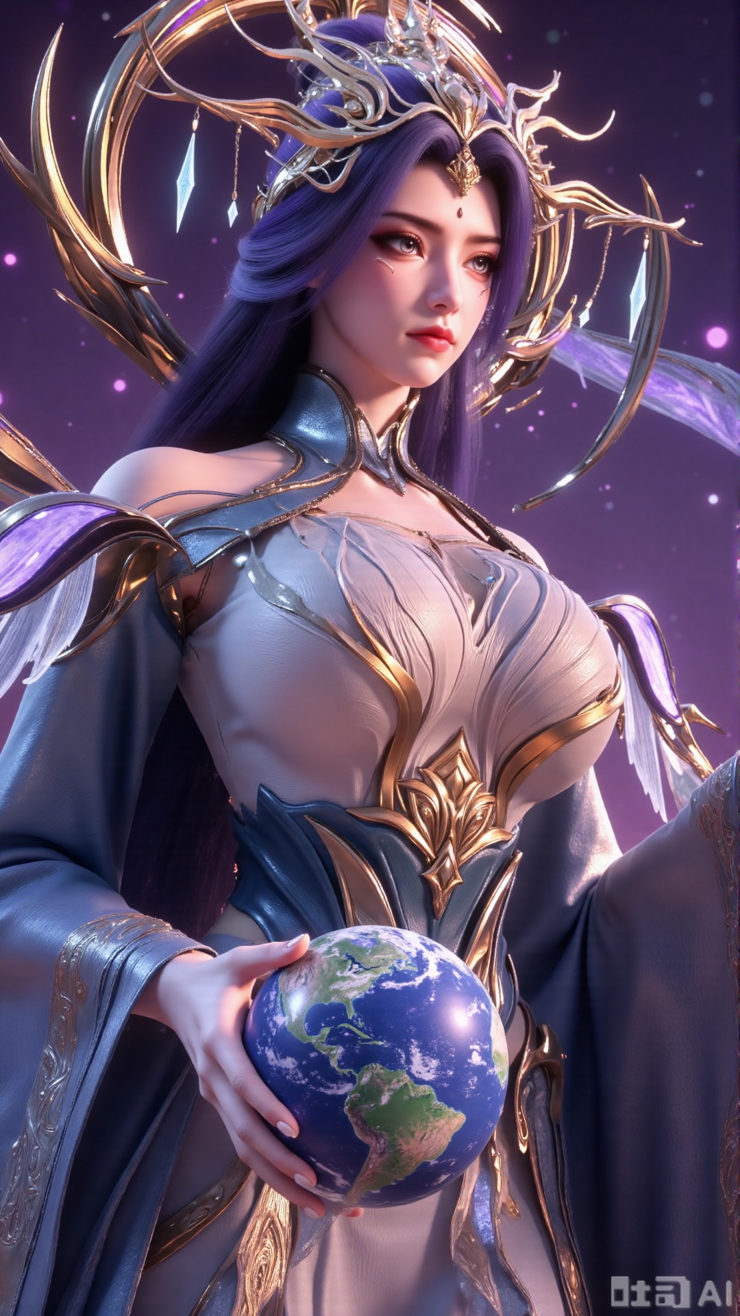 (masterpiece, best quality:1.2),Realistic details, ultra-clear, wallpaper, 8k, masterpiece, masterpiece, best quality, high quality, flowing long hair, exquisite hair accessories, headdresses, cyberpunk electronic luminous clothing, full body multi-luminous line light strips, cyberpunk luminous lines colorful. The sacred light, the cosmic space background, the planets of different colors around, the nebula flows, the stars twinkle, the golden willow branches stretch, holding an earth with both hands, the details of the earth's surface, the texture of mountains, rivers and oceans, the surrounding planets, planets of all sizes, traces of planets orbits, dreamy light and shadow effects.,(huge breasts:2.99),(full breasts:2.99),,Xaili2,XyunxiaoYH5,XlinziyueXZ,XtuliH,Xbigbreasts,XMedusaQueen,Xmiaozushaonv,Xkejinnvdi,Xbijinvshen