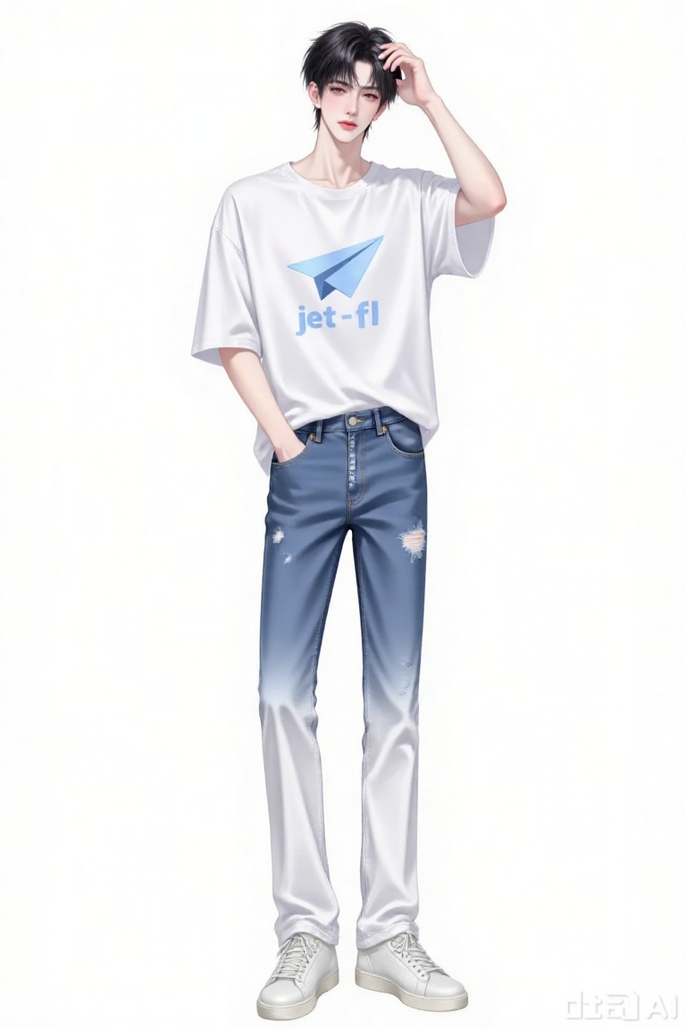 digital illustration of a slim, pale-skinned young man with short, messy black hair, he wears a loose, white t-shirt with a light blue paper airplane graphic and the text jet-fl in blue, his blue gradient jeans, starting white at the top and fading to blue at the bottom, have a small rip on the right thigh, he pairs the outfit with white, high-top sneakers, he stands with his right hand touching his hair and his left hand in his pocket, the background is plain white, making the subject stand out, the illustration has a clean, modern, and slightly minimalist style