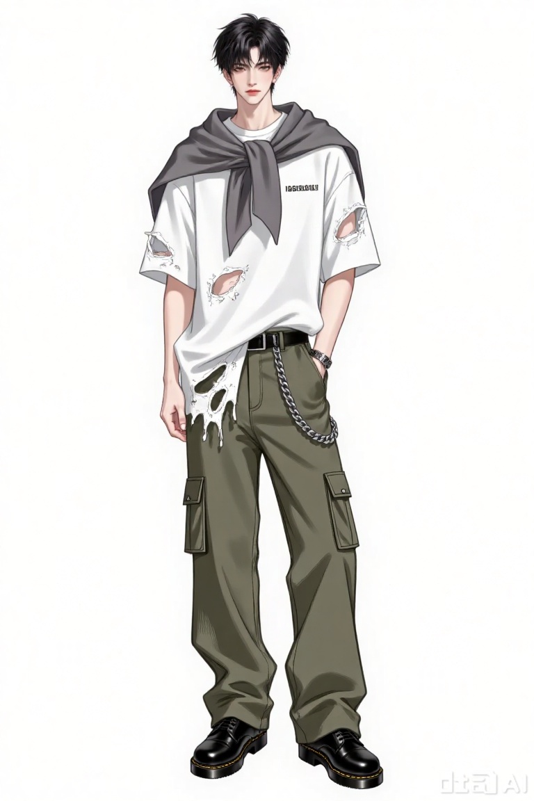 this is a digital anime-style drawing of a young man standing against a plain white background, he has short, messy black hair and a pale complexion, he wears a white, short-sleeved t-shirt with multiple rips and tears, revealing skin underneath, a gray scarf is draped over his shoulders, tied at the neck, his pants are olive green cargo pants with multiple pockets, held up by a black belt, a chain dangles from his right pocket, he completes his outfit with black, shiny leather shoes, his left hand is casually tucked into his pocket, while his right arm hangs by his side, the overall style is modern and slightly edgy