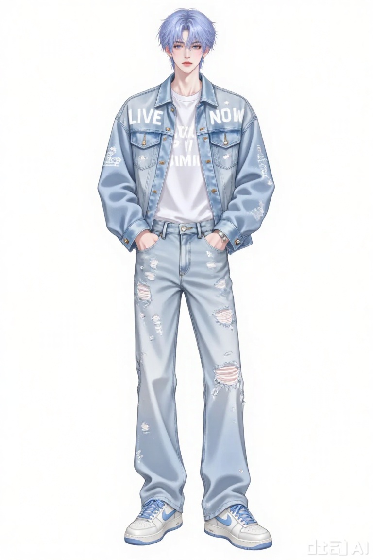 digital illustration of a young, androgynous person with light blue, tousled hair and pale skin, they wear a light blue, slightly oversized denim jacket with white text live now on the chest, layered over a white t-shirt with similar text, their light blue, distressed jeans feature multiple rips and patches, with white text scattered across them, they have their hands casually in their pockets and are wearing white sneakers with light blue accents, the person has a slim build and a neutral expression, standing against a plain white background, the overall style is modern, casual, and slightly edgy