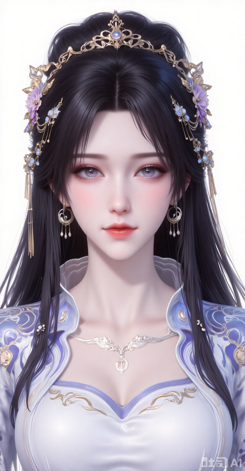 1girl, solo, black hair, hair ornament, dress, jewelry, white dress,looking_at_viewer,upper body,
white_background,simple background,
lvjing,lvjing,pifu,henren,guanghuapifu