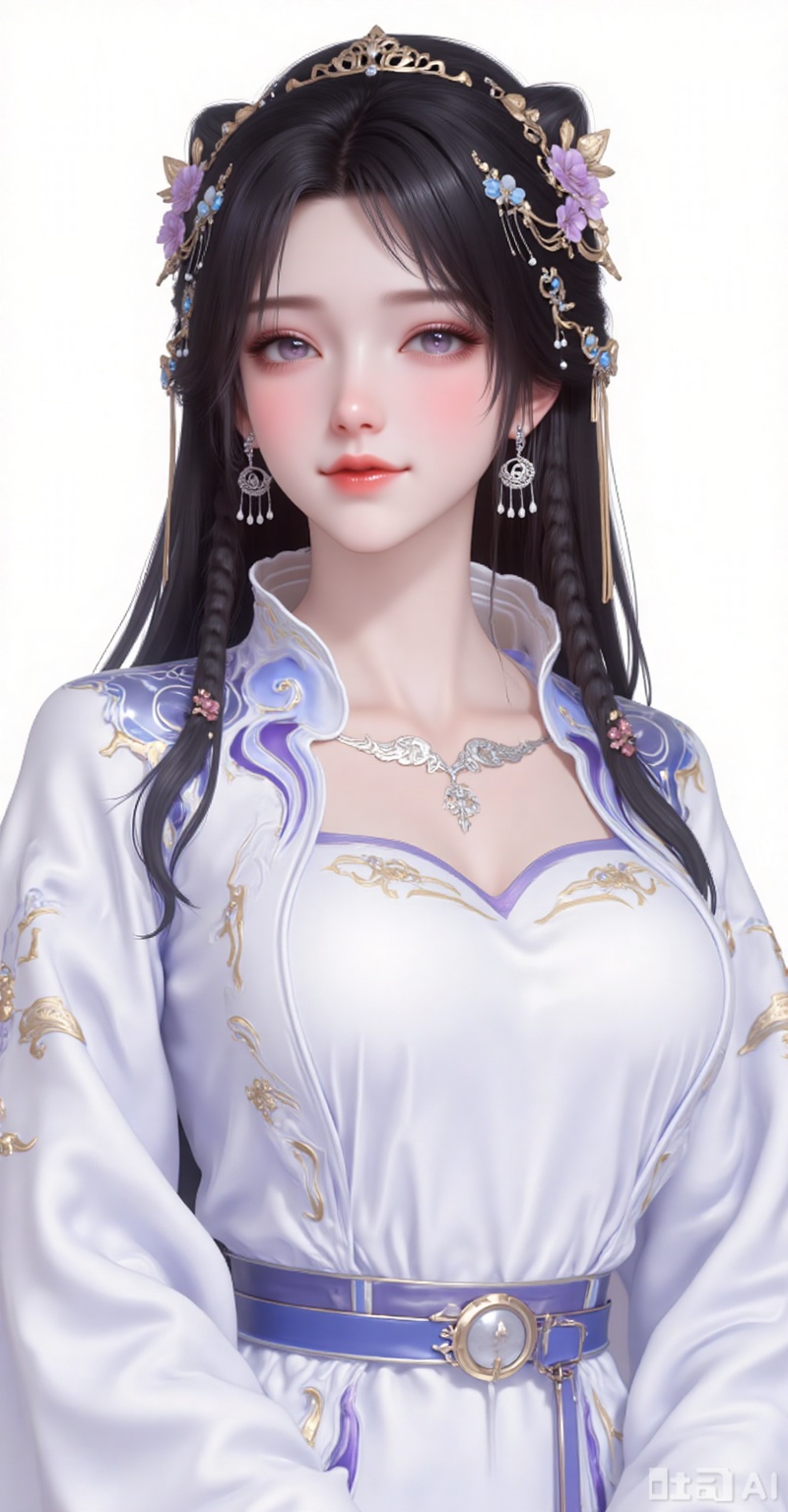 1girl, solo, black hair, hair ornament, dress, jewelry, white dress,looking_at_viewer,upper body,
white_background,simple background,
lvjing,lvjing,pifu,henren,guanghuapifu,jiziyue