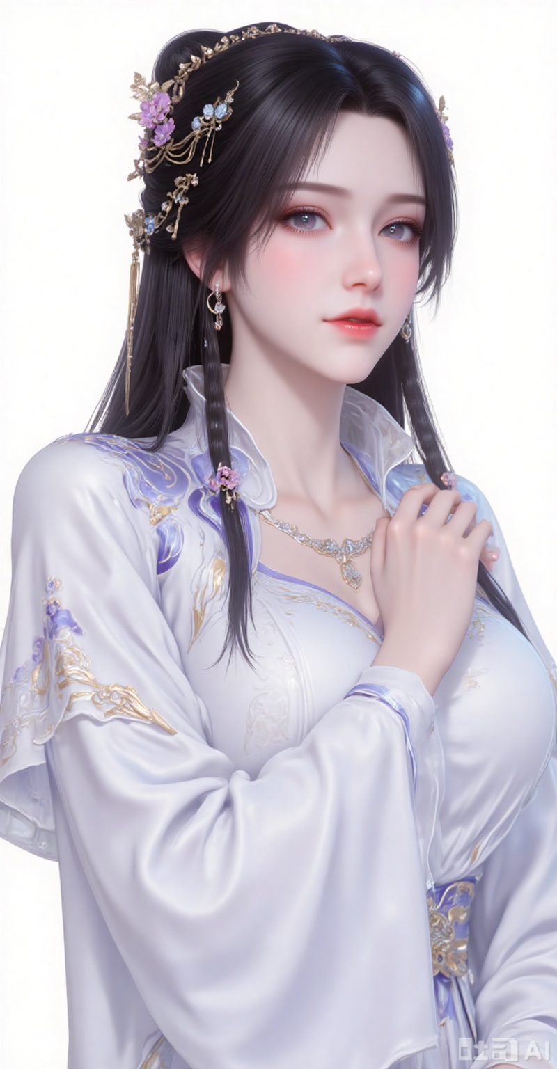1girl, solo, black hair, hair ornament, dress, jewelry, white dress,looking_at_viewer,upper body,
white_background,simple background,
lvjing,lvjing,pifu,henren,guanghuapifu,jiziyue