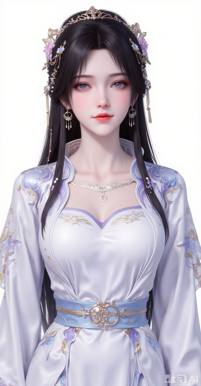 1girl, solo, black hair, hair ornament, dress, jewelry, white dress,looking_at_viewer,upper body,
white_background,simple background,
lvjing,lvjing,pifu,henren,guanghuapifu
