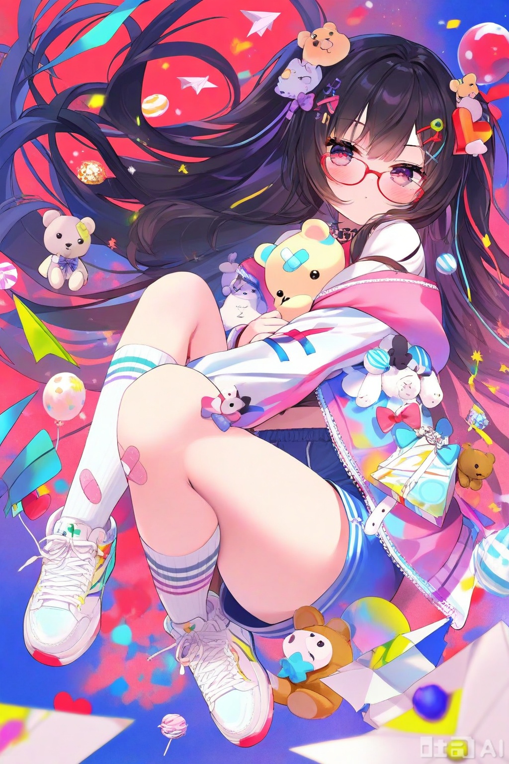 masterpiece,best quality,high quality,(colorful),1girl, solo, long hair, shirt, black hair, hair ornament, long sleeves, holding, very long hair, jacket, full body, heart, food, shoes, glasses, shorts, socks, hood, two side up, kneehighs, hoodie, floating hair, stuffed toy, white footwear, stuffed animal, white socks, sneakers, candy, bandaid, red-framed eyewear, teddy bear, envelope, paper airplane


