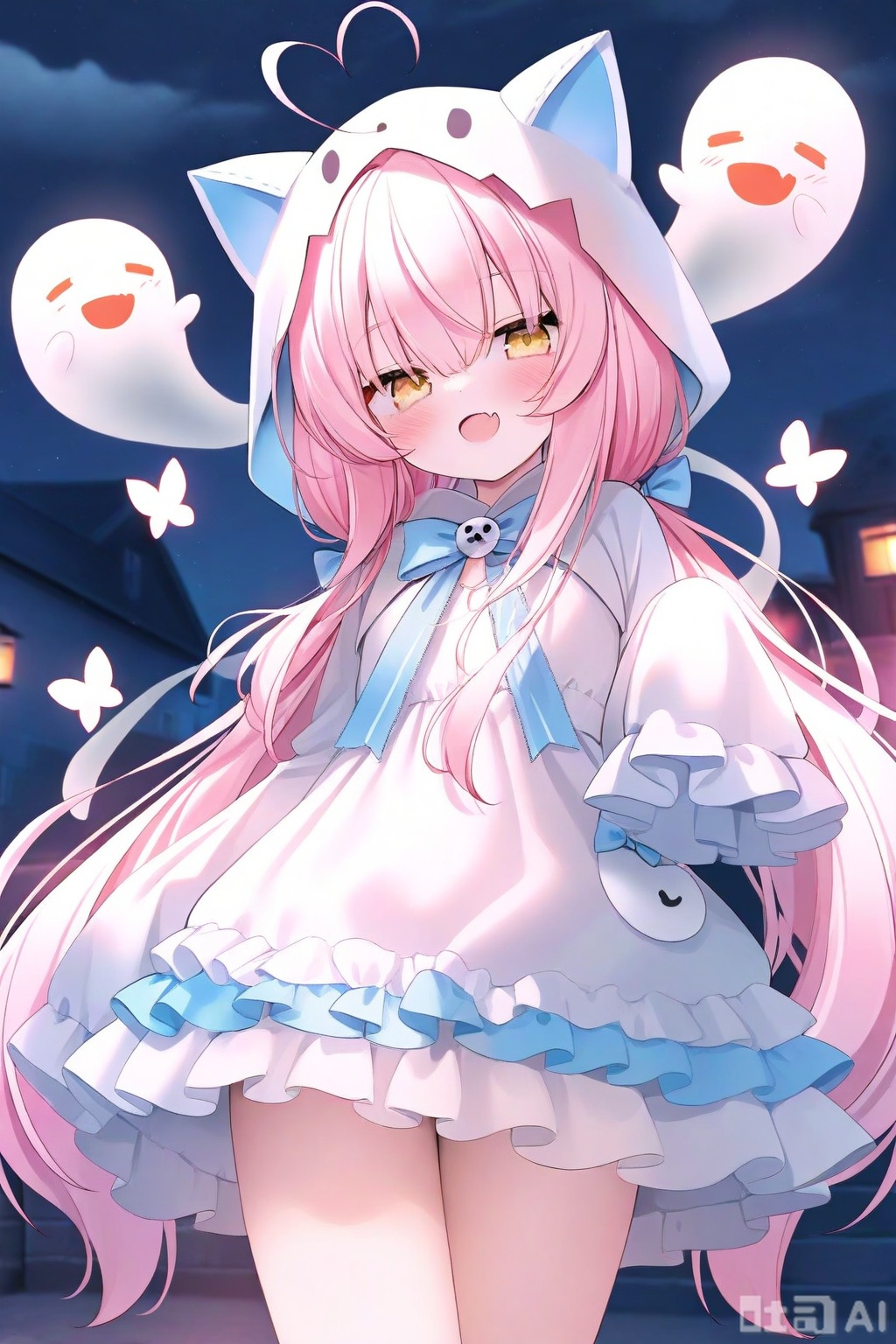 1girl,heart ahoge,dress,long hair,fang,ghost,sleeves past wrists,hood,yellow eyes,twintails,looking at viewer,sleeves past fingers,solo,white dress,low twintails,blue bow,ghost costume,frilled dress,frills,bow,ahoge,open mouth,night,skin fang,white hair,blush,long sleeves,pink hair,outdoors,very long hair,smile,blue bowtie,hair between eyes,sky,animal hood,night sky,

