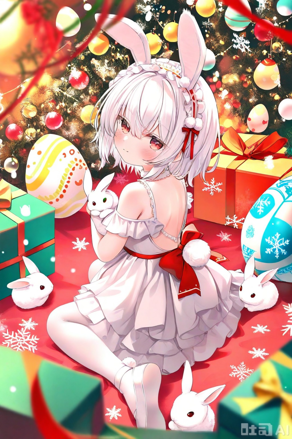 1girl, snow rabbit, red eyes, animal ears, solo, snowflakes, dress, rabbit ears, sitting, white hair, white dress, rabbit, pantyhose, looking at viewer, christmas ornaments, bow, red bow, short hair, holding, white choker, white pantyhose, gift, rabbit tail, looking back, tail, pom pom (clothes), white footwear, box, closed mouth, christmas, ribbon, hairband, red ribbon, hair bow, blush, white hairband, backless dress, animal, rabbit girl, from above, pleated dress, hair ornament, headdress, hair between eyes, backless outfit, from behind, christmas lights, full body, bell, food, easter egg, choker, ballet slippers, frilled hairband, holding animal, shoes, frilled dress, layered dress, gift box, back bow, blurry, easter, frills, snow, fake animal ears, snowflake background, depth of field, bare shoulders, off-shoulder dress, sleeveless dress, pom pom hair ornament, looking up, snowflake print, hair ribbon

