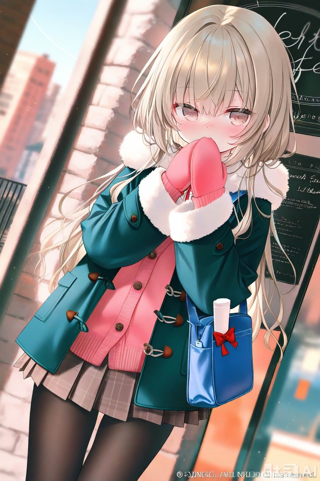masterpiece,very aware,highres,absurdres,newest,best quality,loli,petite,high quality,chromatic_aberration,cinematic_angle,dutch angle, //, artist:hanekoto, 1girl, skirt, mittens, solo, bag, pantyhose, long_hair, coat, looking_at_viewer, brown_skirt, cafe, plaid, plaid_skirt, copyright_notice, pleated_skirt, hands_up, blue_coat, school_bag, blue_bag, brown_mittens, brick_wall, long_sleeves, black_pantyhose, outdoors, brown_eyes, door, cowboy_shot, menu_board, fur_trim, cup, covering_own_mouth, standing, blush, open_clothes, duffel_coat, open_coat, cardigan, shoulder_bag, company_name, school_uniform, brown_hair, coffee, red_bow, teacup, own_hands_together, storefront, fur-trimmed_sleeves, dot_nose, very_long_hair, cover, light_brown_hair, sparkle, building, fur-trimmed_coat, blurry, bow, saucer, buttons, cover_page, shirt, brown_pantyhose, covered_mouth, winter_clothes, artist_name, watermark, toggles, sign, hand_over_own_mouth, miniskirt, brown_cardigan //, photorealistic,Artist:na-ga,(quasarcake:0.2),(wanke:0.9)

