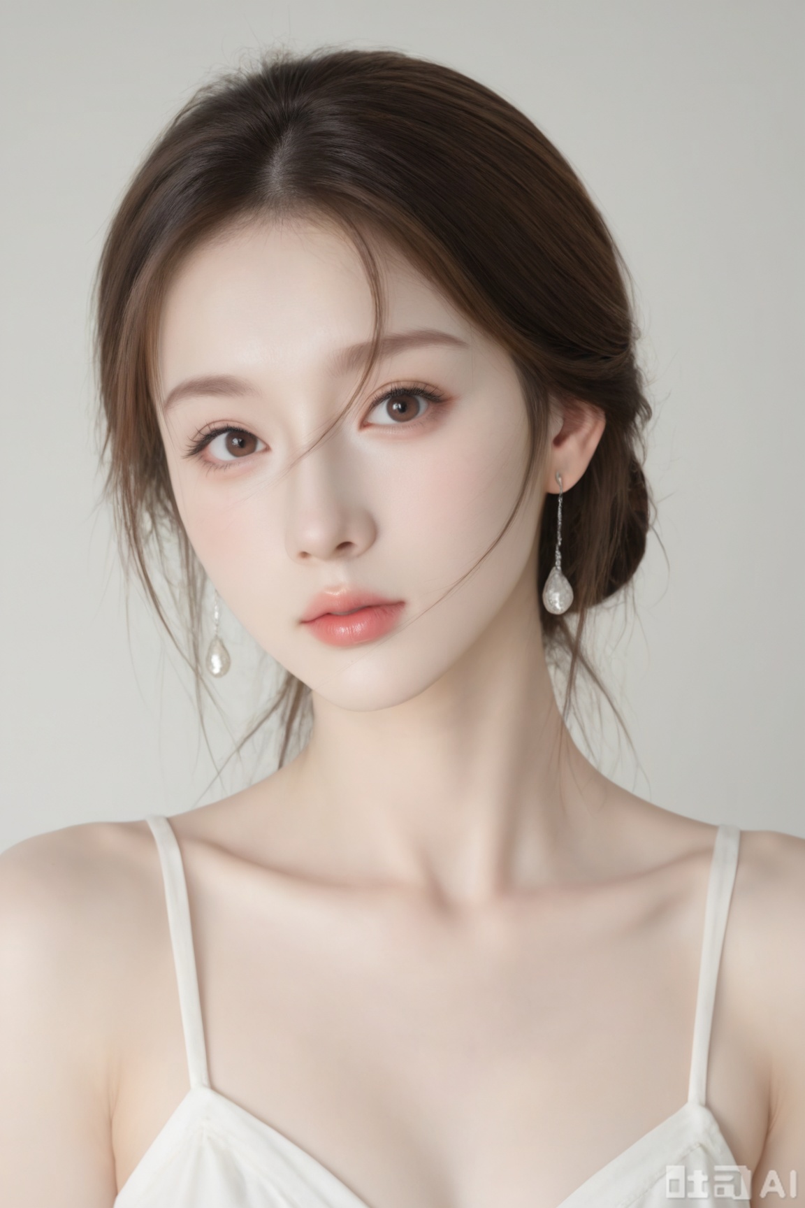1girl, solo, looking at viewer, brown hair,  brown eyes, jewelry, earrings, lips,
realistic, (masterpiece, best quality, ultra high res, 8k, uhd, absurdres),photorealistic (realistic skin texture, subtle skin details, natural skin reflection, healthy skin tone, unretouched look, matte skin),DSLR style,aesthetic,highly detailed (detailed anatomy),