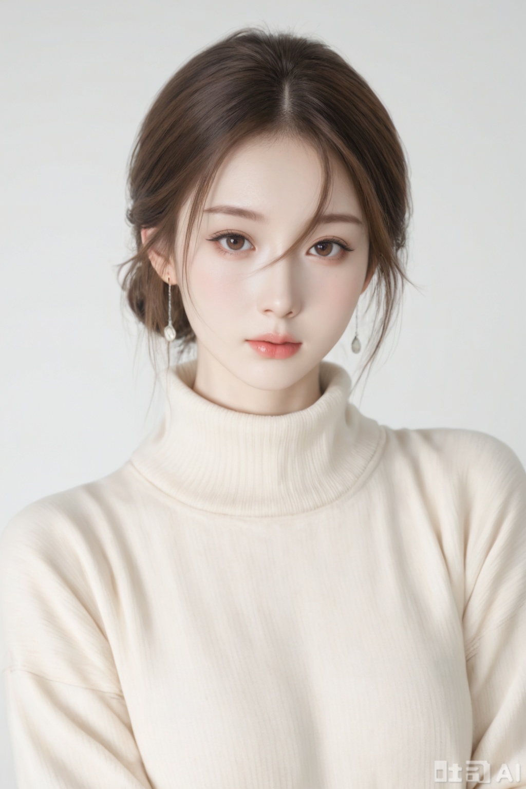 1girl, solo, looking at viewer, simple background, brown hair, hair between eyes, brown eyes, jewelry, upper body, earrings, sweater, lips, turtleneck, turtleneck sweater, realistic, white sweater, 
realistic, (masterpiece, best quality, ultra high res, 8k, uhd, absurdres),photorealistic (realistic skin texture, subtle skin details, natural skin reflection, healthy skin tone, unretouched look, matte skin),DSLR style,aesthetic,highly detailed (detailed anatomy),