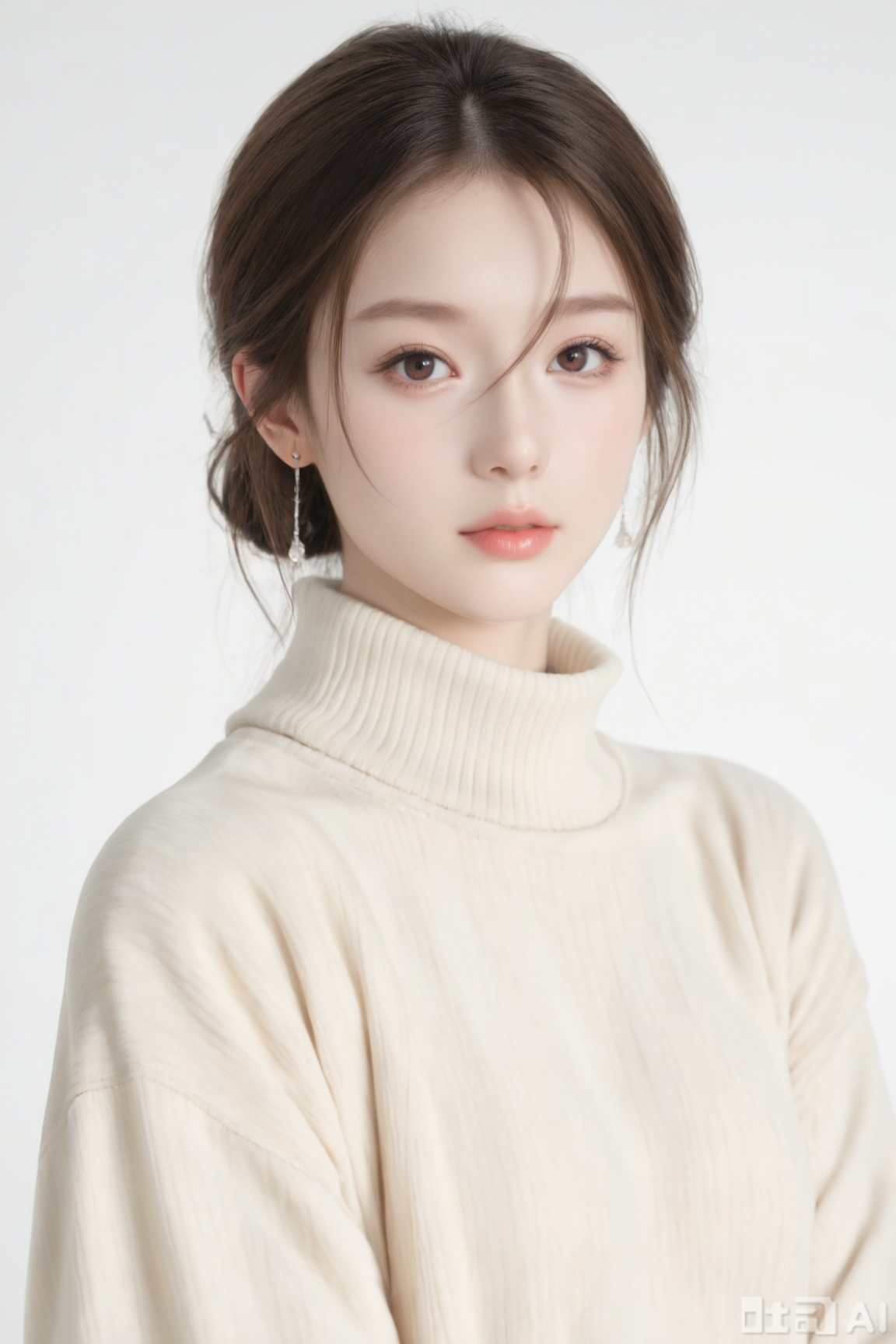 1girl, solo, looking at viewer, simple background, brown hair, hair between eyes, brown eyes, jewelry, upper body, earrings, sweater, lips, turtleneck, turtleneck sweater, realistic, white sweater, 
realistic, (masterpiece, best quality, ultra high res, 8k, uhd, absurdres),photorealistic (realistic skin texture, subtle skin details, natural skin reflection, healthy skin tone, unretouched look, matte skin),DSLR style,aesthetic,highly detailed (detailed anatomy),