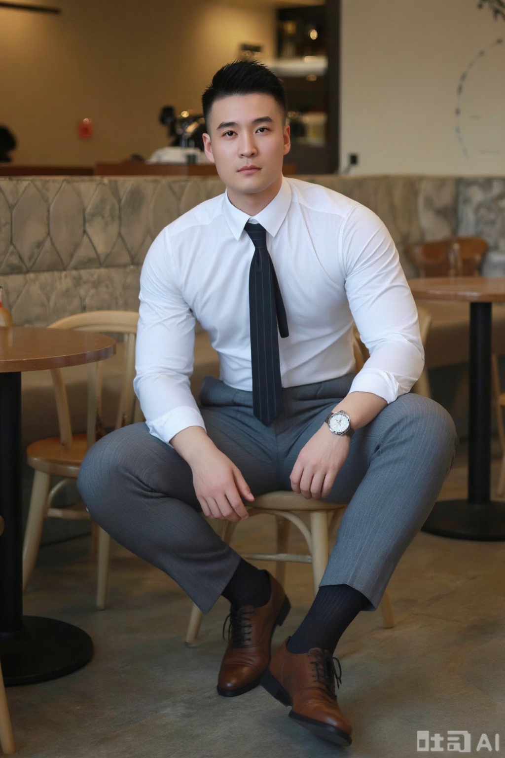 xnz,shx,jzns,1man,solo,realistic,male focus,wristwatch, sitting, grey suit,grey pants,black necktie,white shirt,  footwear,black sheer socks, vertical strips socks,brown footwear,cafe, looking at viewer,masterpiece, realistic, best quality, highly detailed,profession,aoinll