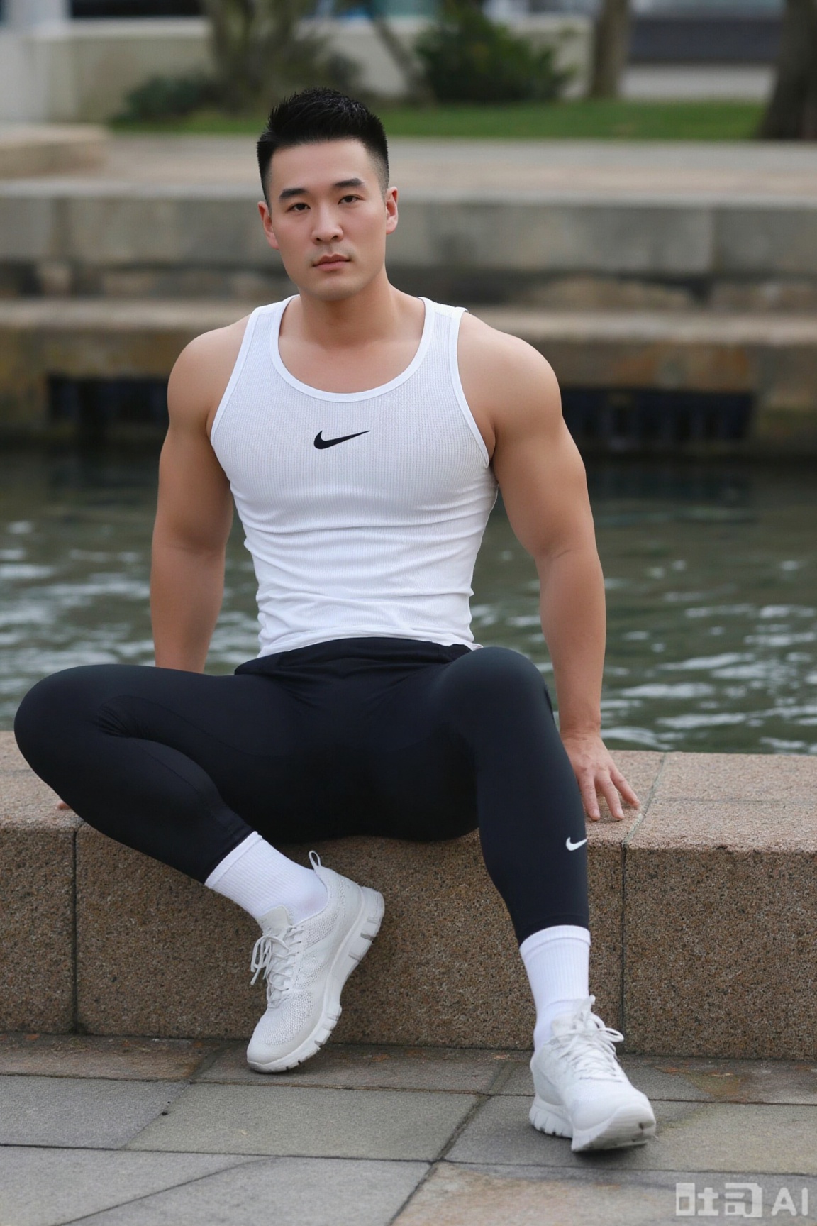 jzns,1man,solo,asian,muscular,NIKE White tight-fitting vest,black leggings,white socks,white footwear,sitting on Stone piers,looking at viewer,outdoors,bright,NIKE logo,masterpiece,realistic,best quality,highly detailed,highres,shx,xnz