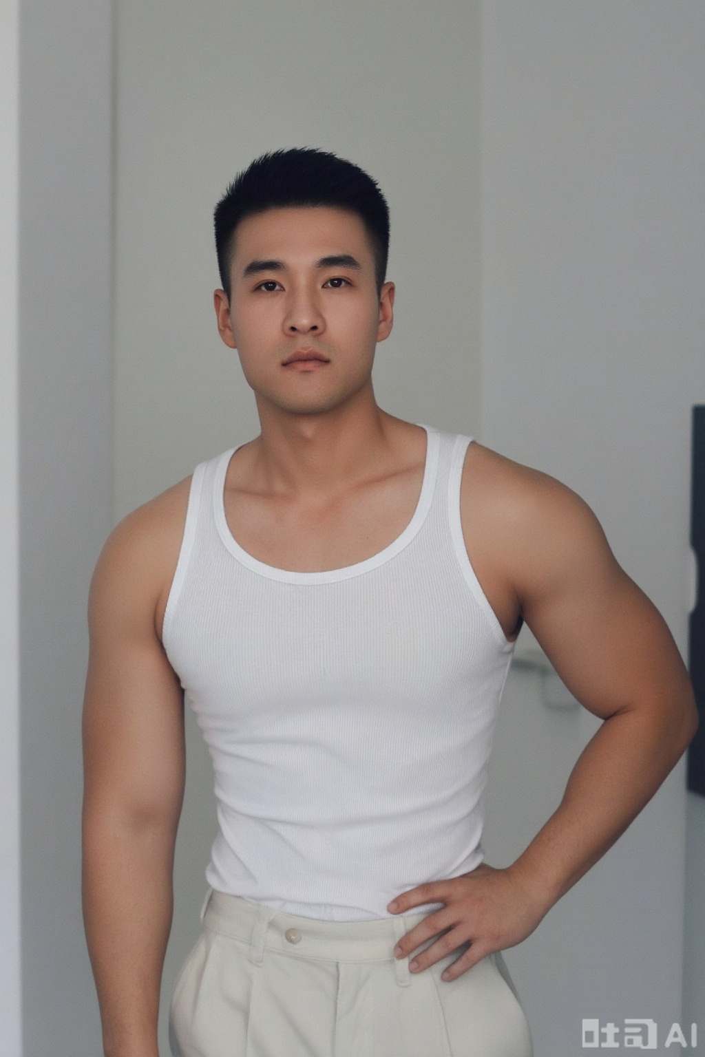 xnz,shx, A man in a white vest and light - colored pants stands indoors, hand on waist. Simple background, strong composition. Clean tones, even light. Simple and casual style.