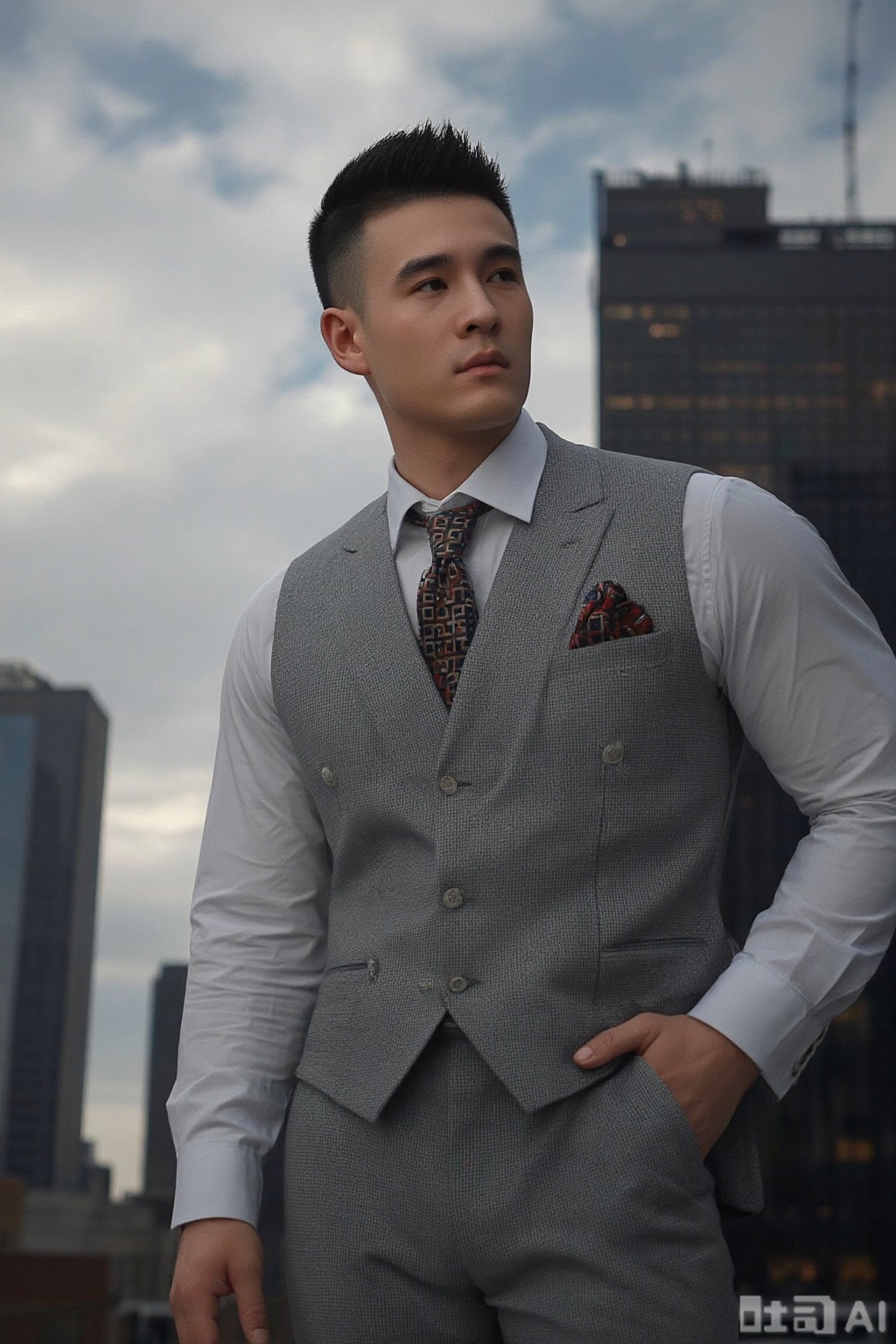 A low-angle photo featuring a young man ina light gray formal suit, paired with a matching vest, a brown - black geometric - patterned tie, a light gray shirt, and a red - brown patterned pocket square in the breast pocket., standing confidently in a dramatic pose, one hand casually tucked in his pocket. The scene is set against the towering skyscrapers of New York City, with dynamic cloud layers in the sky adding depth and atmosphere. The suit fabric exhibits exquisite texture, and the lighting accentuates the man's strong jawline and the sleek tailoring of his attire. This perspective creates a bold and striking composition, capturing the essence of urban sophistication and retro charm. The man exudes charisma, his hair styled in a classic swept-back manner, his posture radiating an effortless cool. The texture of his suit fabric is prominently highlighted, with dramatic lighting featuring stark contrasts and long shadows, emphasizing the model's distinct features and the intricate details of his clothing. Cinematic, highly detailed, textured, high fashion, editorial photography.,xnz,shx