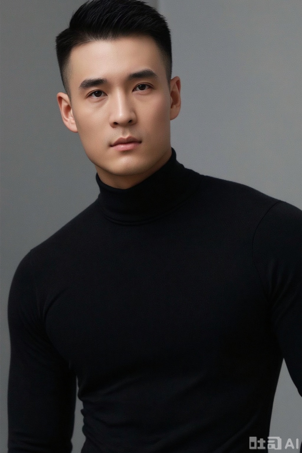 xnz,omxn, A man in a black Turtleneck, Pectoral ,close - up composition, side light highlights contours, simple and fashionable style.