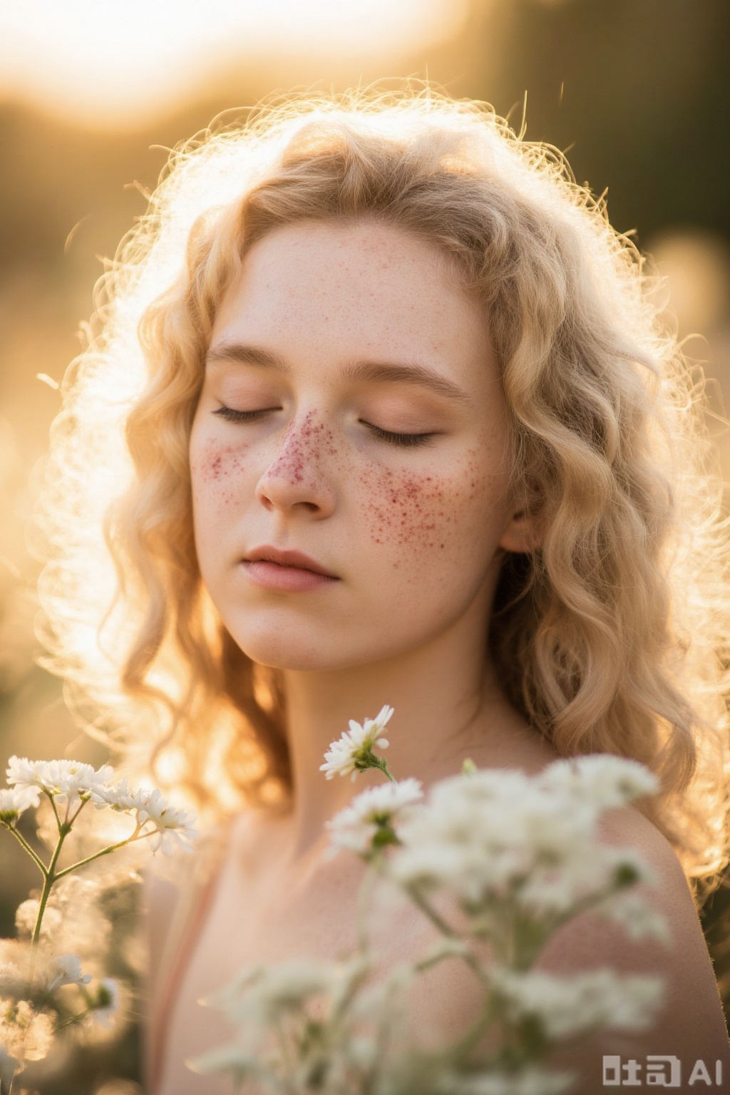  A photograph of a young woman with fair skin and curly blonde hair, closed eyes, and freckles on her cheeks. She is surrounded by white wildflowers, bathed in warm, golden sunlight. Her expression is serene and contemplative. The background is softly blurred, emphasizing her peaceful, ethereal beauty.,High-definition picture quality