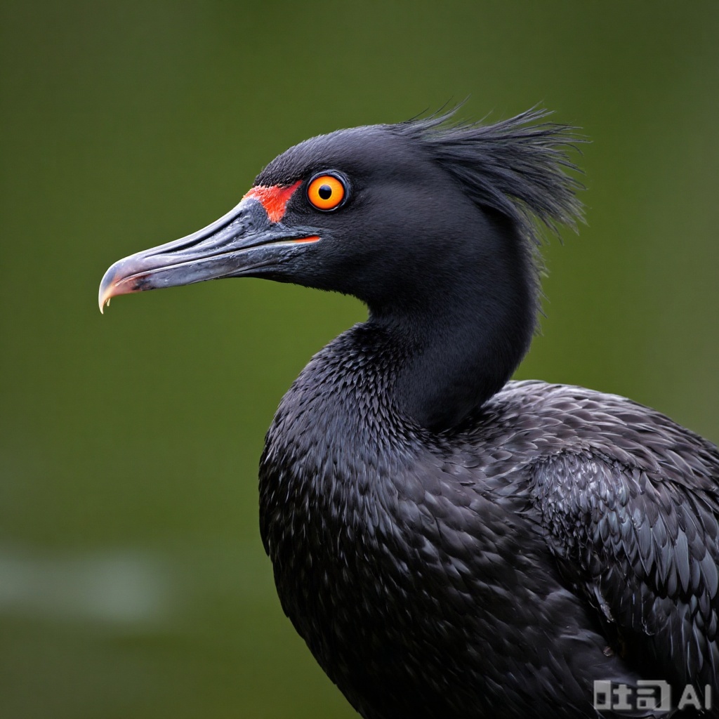  A photograph of a black cormorant with striking orange eyes and a distinctive tuft of feathers on its head. The bird's glossy, wet feathers glisten against a blurred dark green background, emphasizing its sleek, streamlined body and sharp beak. The image captures the bird's intense gaze and intricate feather details. 