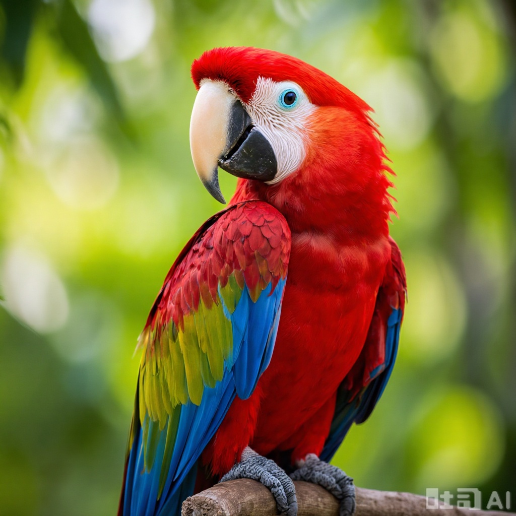 A vibrant photograph of a Scarlet Macaw perched on a branch. The bird's striking red feathers contrast with its blue and white facial markings. The background is a lush, blurred green forest, with sunlight filtering through leaves, creating a serene, tropical ambiance. The macaw's vivid colors and detailed plumage are sharply focused, highlighting its beauty. 