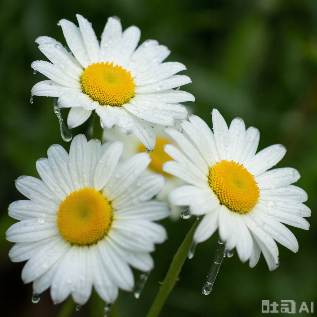 A photograph captures a close-up of white daisies with yellow centers,glistening with raindrops. The background is a blurred greenery,creating a serene,natural setting. Raindrops are falling,adding a fresh,refreshing atmosphere. The petals are delicate and slightly wet,enhancing their texture. The image exudes a calm,peaceful vibe.,High-definition picture quality