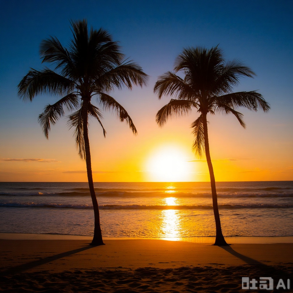  Photograph of a serene tropical beach at sunset. Two tall, slender palm trees frame the golden sun, casting long shadows on the sandy shore. The sky transitions from deep blue to vibrant orange near the horizon. Gentle waves lap at the shore, reflecting the sun's warm glow. 