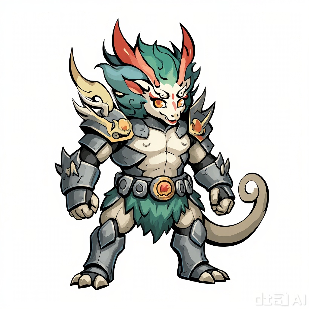 Evolve the character in the picture into an advanced and powerful biological form. Use the pet character in the reference picture as the basis, retain its four-legged structure and core species features, and avoid any humanoid transformation. Evolve it into its final form, featuring a larger body, stronger bone and muscle structures, as well as balanced and powerful proportions. Introduce brand-new anatomical or armor structures, such as sharp dorsal spines, metal scale-like armor, energy-infused wing-like attachments, additional segmented tails, or protective neck armor, to make it more complex and combat-ready in appearance. Enhanced details and textures, elemental energy luminescence effects and battle scars ensure clear visual differences from the original form while retaining recognizable bloodlines