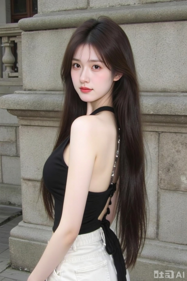 photograph of an east asian woman with long, straight, dark brown hair and fair skin standing in front of a stone building, she is turned slightly to her right, looking over her shoulder at the camera with a subtle, neutral expression, she wears a black, sleeveless top with a back zipper and white pants, her makeup is minimal, emphasizing her natural beauty, the stone building in the background has large, rectangular blocks and a metal railing on the left, the lighting is soft, creating a gentle contrast between her pale skin and the gray stone, the overall mood is calm and slightly mysterious