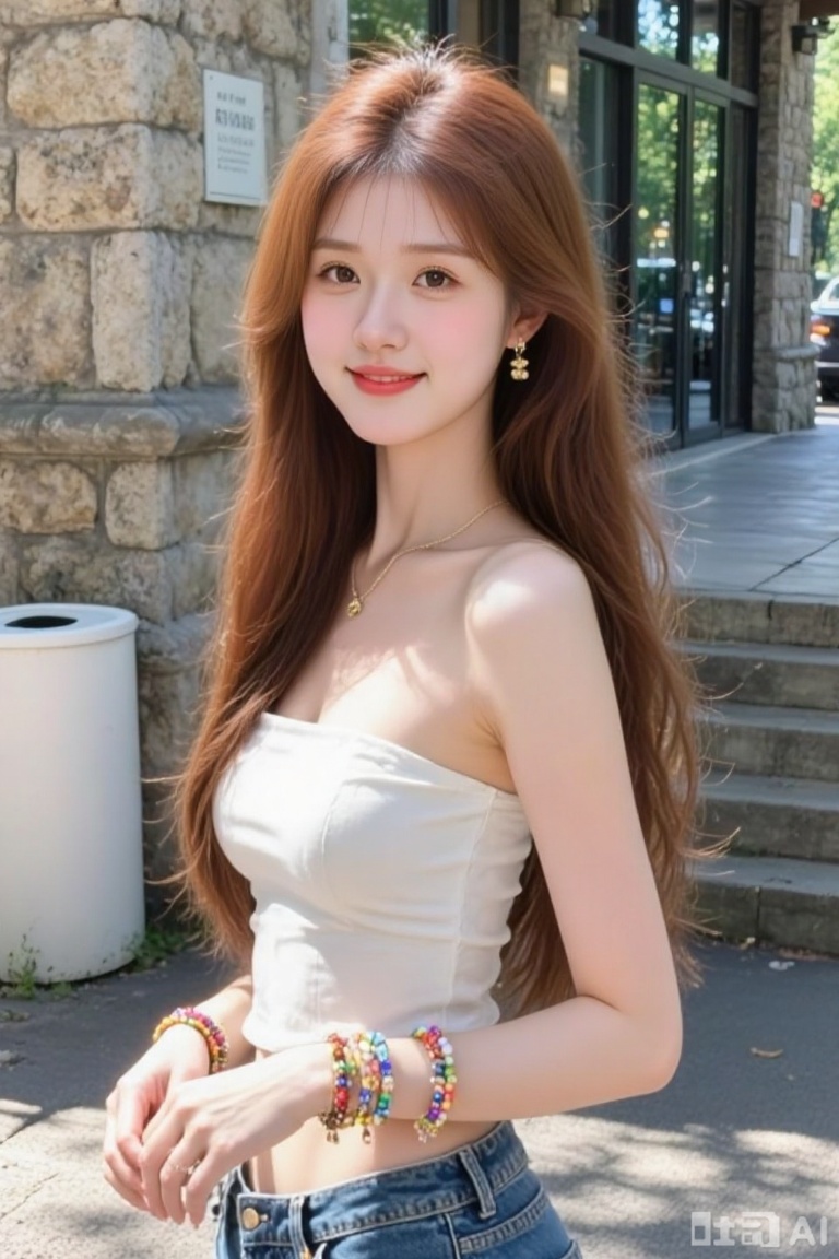 photograph of a young asian woman with long, straight, auburn hair standing outdoors in a sunlit urban setting, she has fair skin, a slender build, and is smiling softly at the camera, she is wearing a white, strapless, midriff-baring top that accentuates her small breasts, and high-waisted blue jeans, she accessorizes with colorful bead bracelets on her right wrist and small, dangling gold earrings, the background features a stone building with large windows and a white trash bin on the left, the pavement and steps are visible, and sunlight filters through the trees in the distance, the overall atmosphere is casual and bright