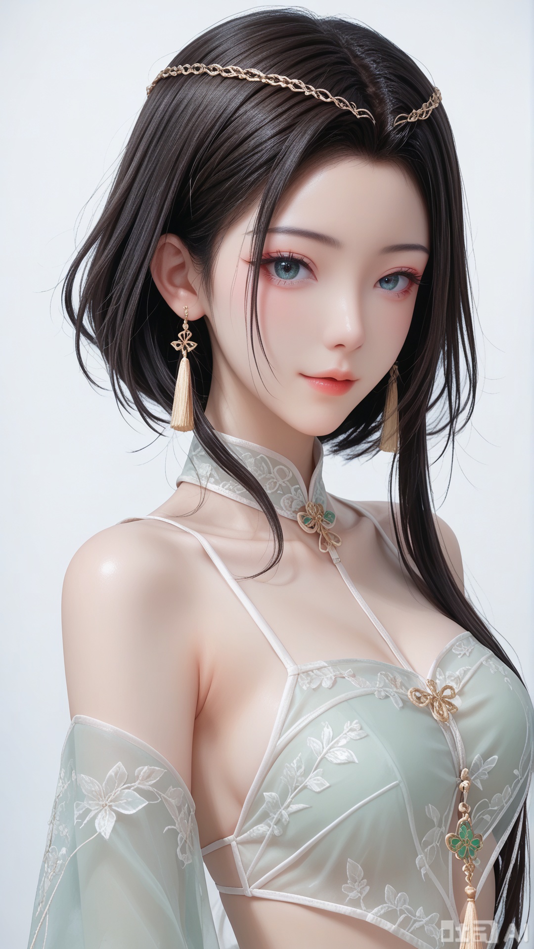 score_9,score_8, 1woman, ornament, solo, green tassel triangle dudou, Glossy exquisite skin, even illumination, looking at viewer, upper_body, very awa, Solid_translucent background