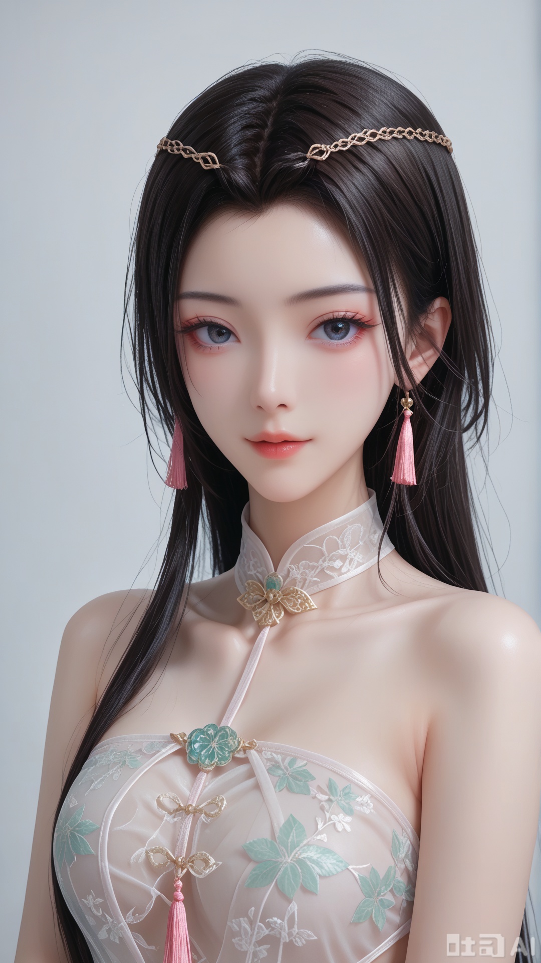 score_9,score_8, 1woman, ornament, solo, 2 green tassel triangle dudou, Glossy exquisite skin, even illumination, looking at viewer, upper_body, very awa, Solid_translucent background