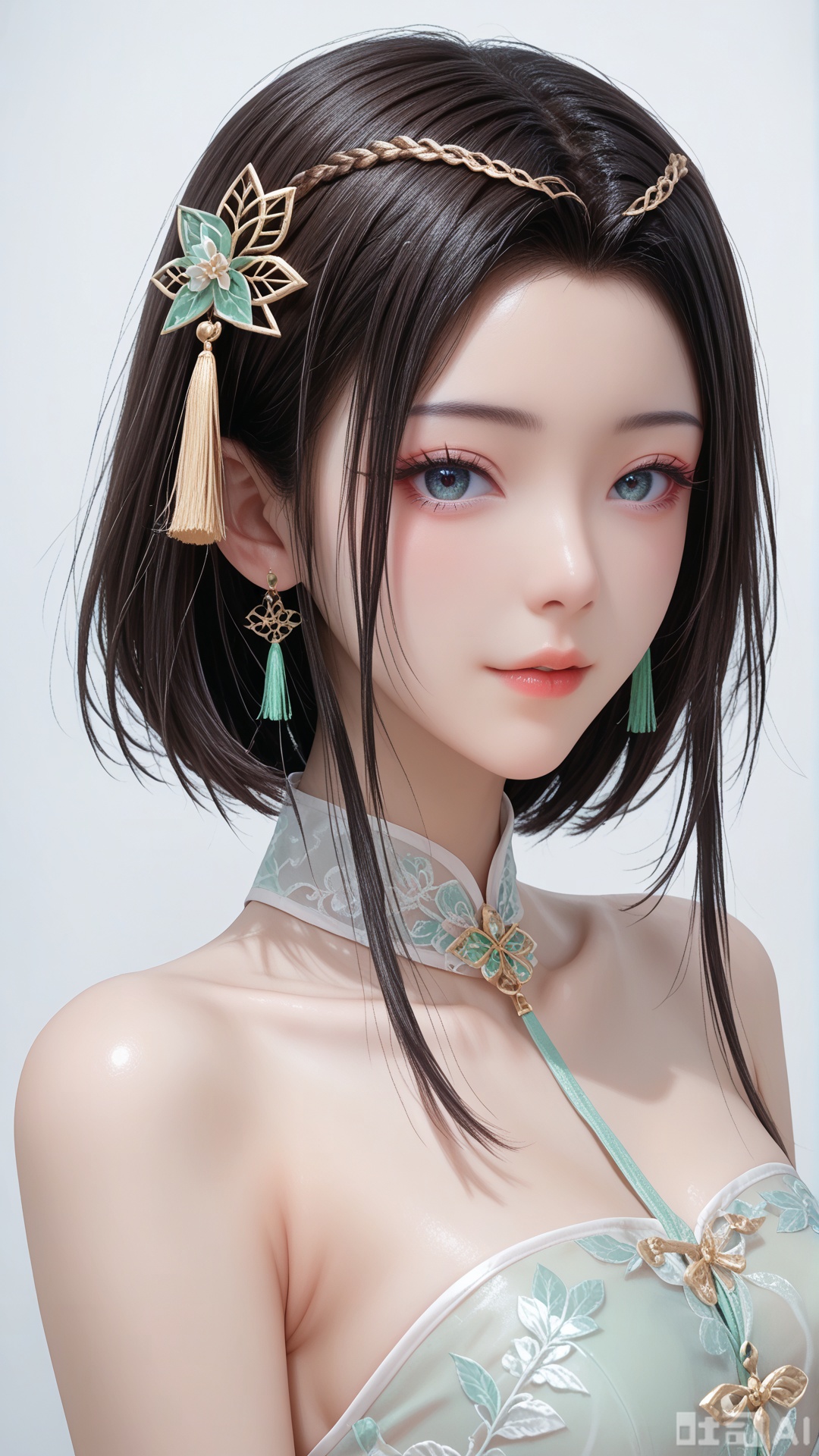 score_9,score_8, 1woman, ornament, solo, green tassel triangle dudou, Glossy exquisite skin, even illumination, looking at viewer, upper_body, very awa, Solid_translucent background
