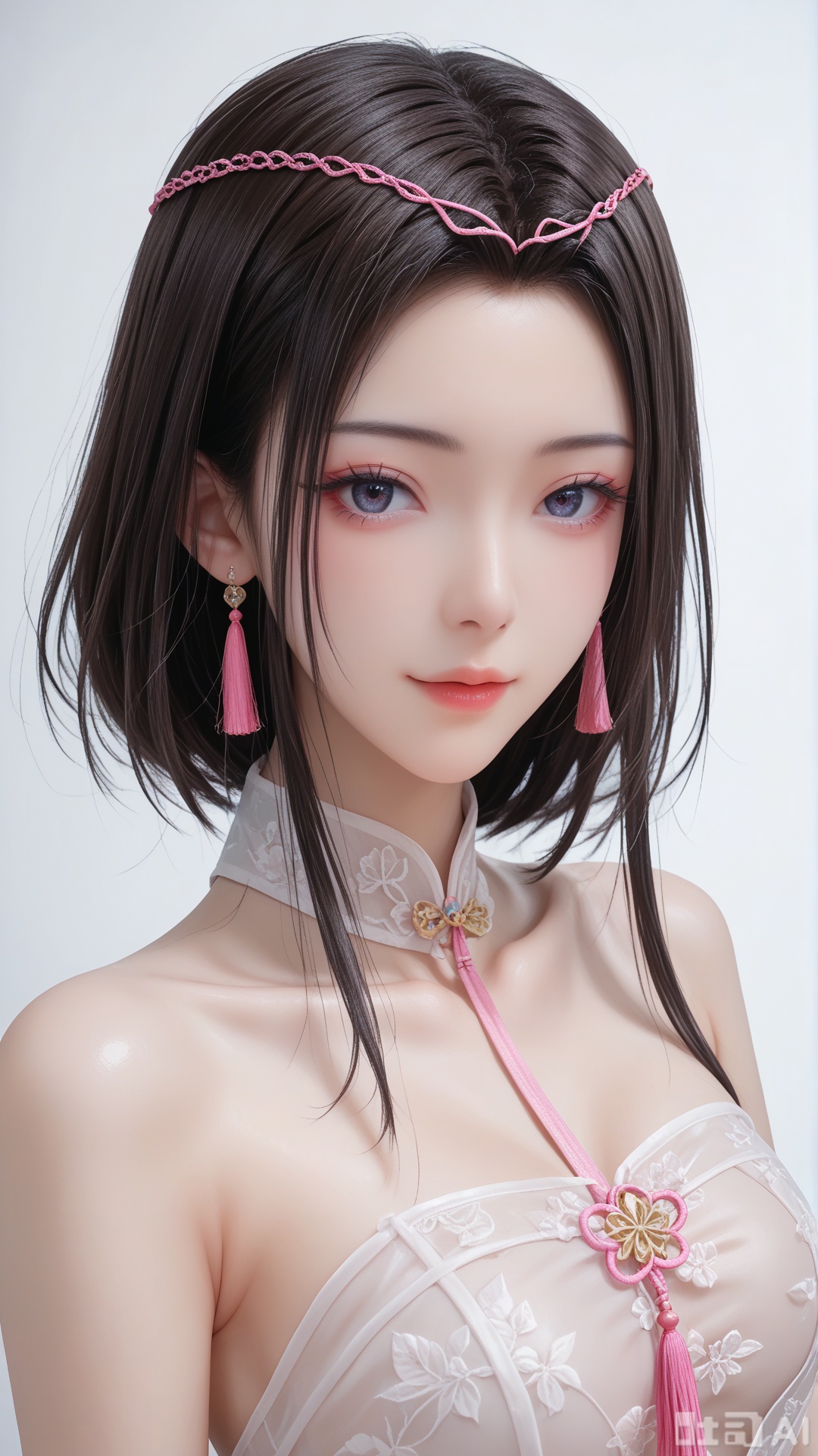 score_9,score_8, 1woman, ornament, solo, pink tassel triangle dudou, Glossy exquisite skin, even illumination, looking at viewer, upper_body, very awa, Solid_translucent background