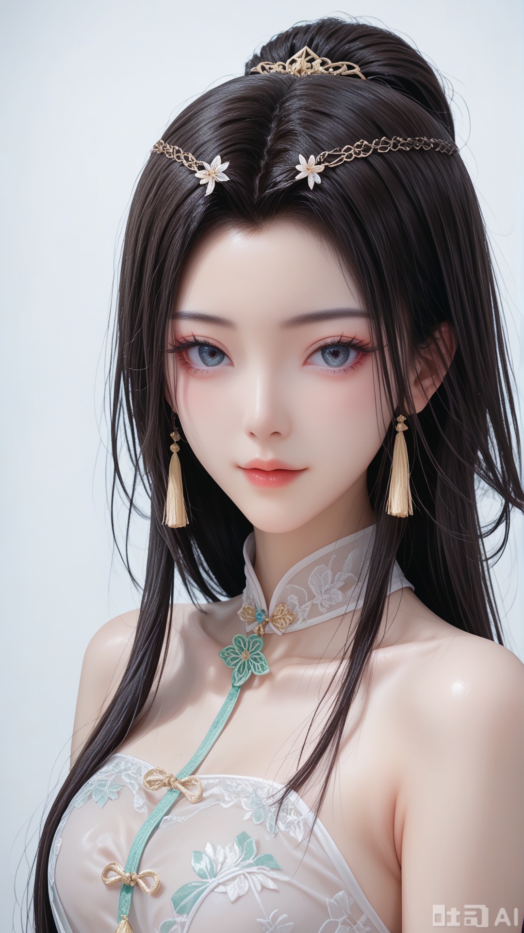 score_9,score_8, 1woman, ornament, solo, 2 green tassel triangle dudou, Glossy exquisite skin, even illumination, looking at viewer, upper_body, very awa, Solid_translucent background