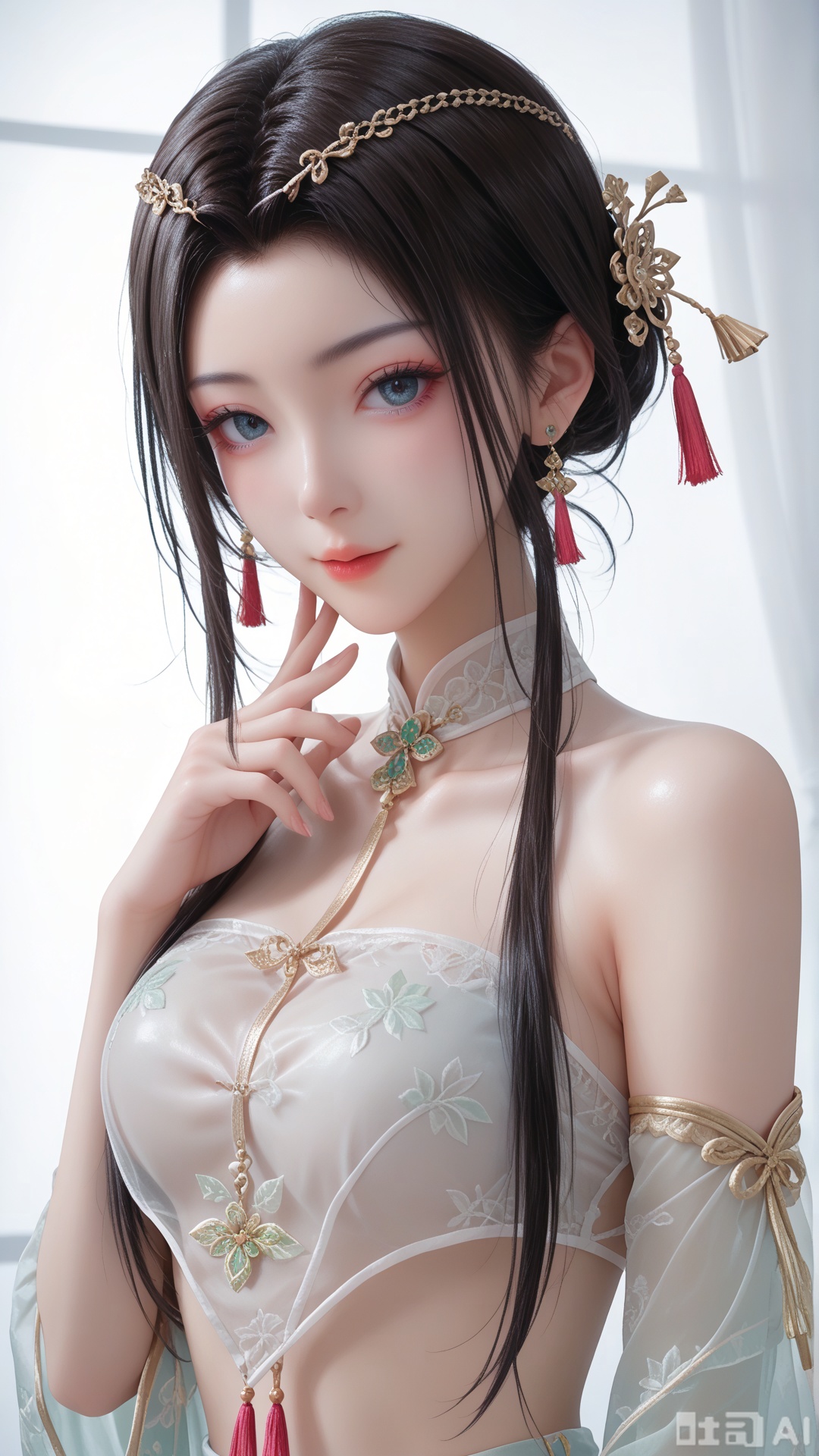 score_9,score_8, 1woman, ornament, solo, green tassel triangle dudou, Glossy exquisite skin, even illumination, looking at viewer, upper_body, very awa, Solid_translucent background
