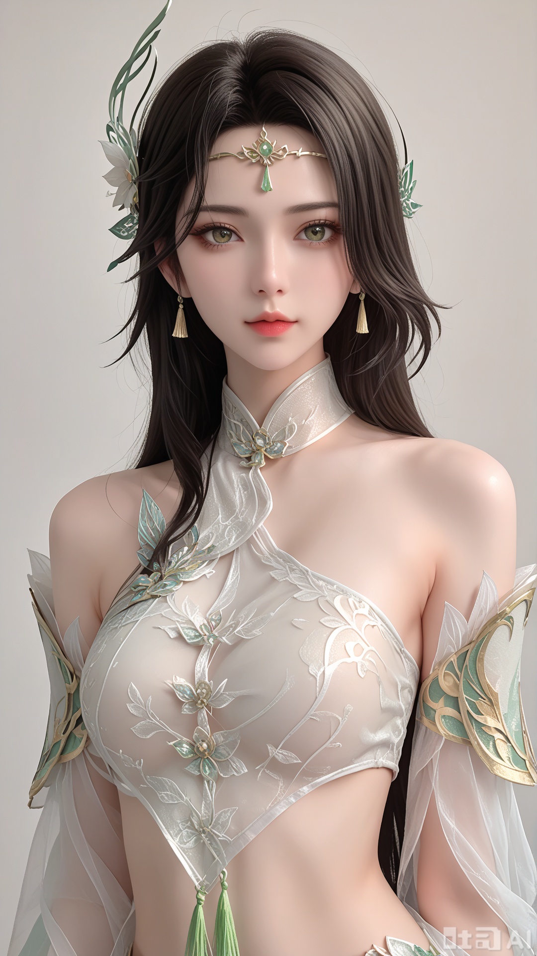 score_9,score_8, 1woman, ornament, solo, green tassel triangle dudou, Glossy exquisite skin, even illumination, looking at viewer, upper_body, very awa, Solid_translucent background