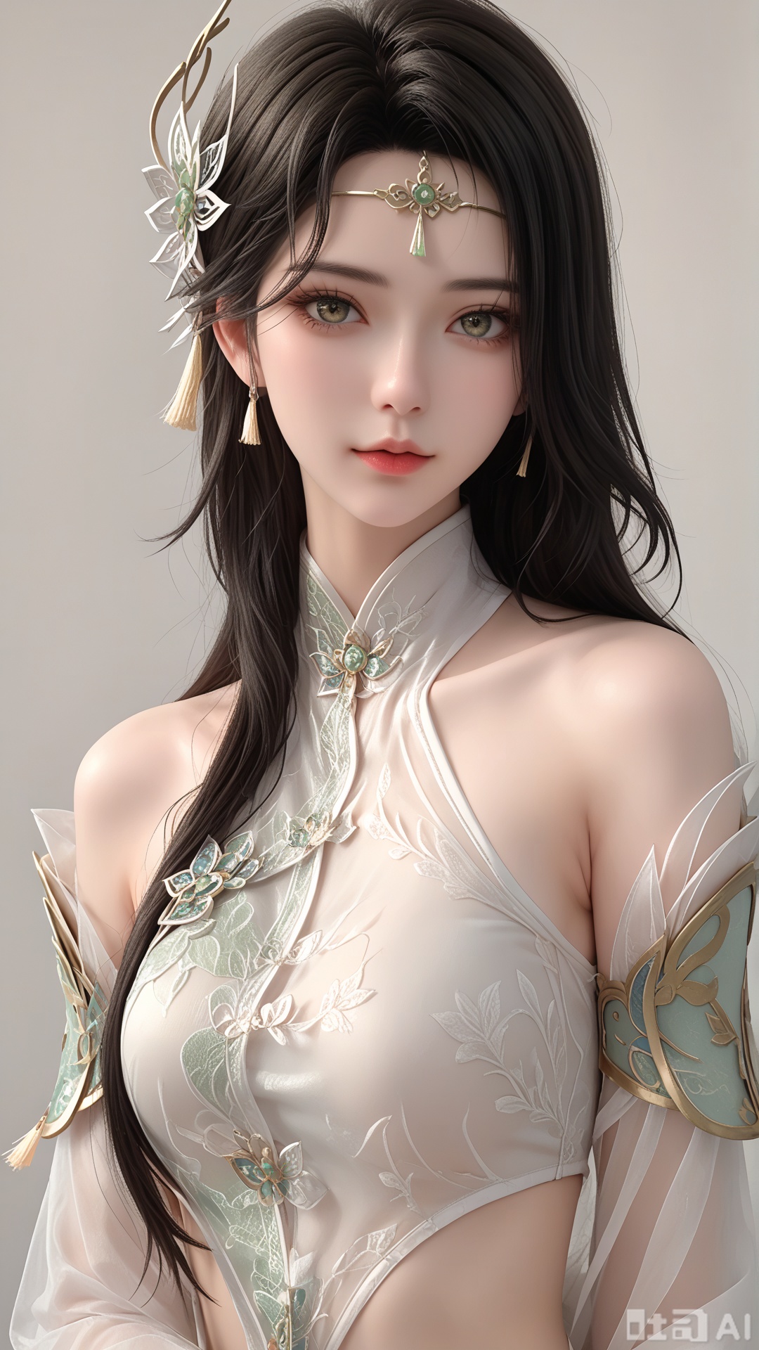 score_9,score_8, 1woman, ornament, solo, 2 green tassel triangle dudou, Glossy exquisite skin, even illumination, looking at viewer, upper_body, very awa, Solid_translucent background