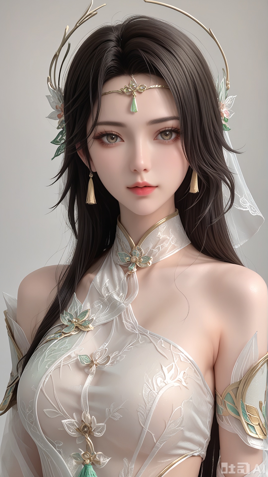 score_9,score_8, 1woman, ornament, solo, green tassel triangle dudou, Glossy exquisite skin, even illumination, looking at viewer, upper_body, very awa, Solid_translucent background