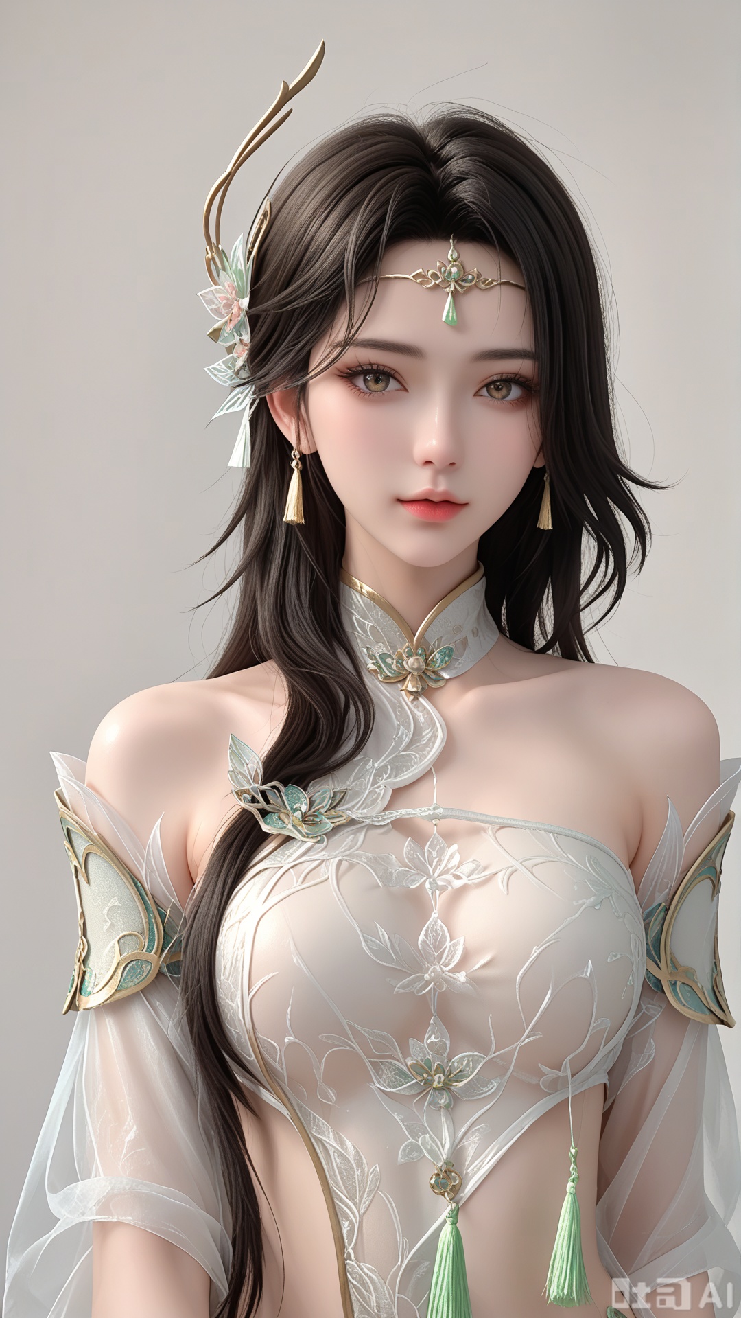 score_9,score_8, 1woman, ornament, solo, green tassel triangle dudou, Glossy exquisite skin, even illumination, looking at viewer, upper_body, very awa, Solid_translucent background