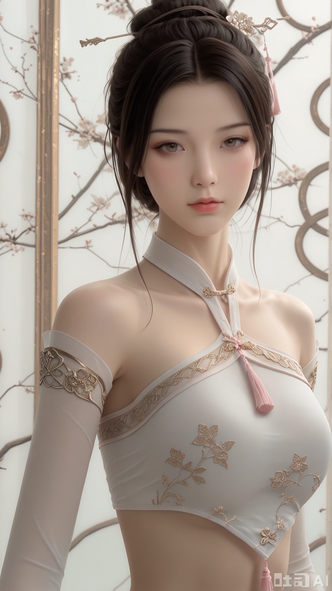 score_9,score_8, 1woman, ornament, solo, pink tassel triangle dudou, Glossy exquisite skin, even illumination, looking at viewer, upper_body, very awa, Solid_translucent background