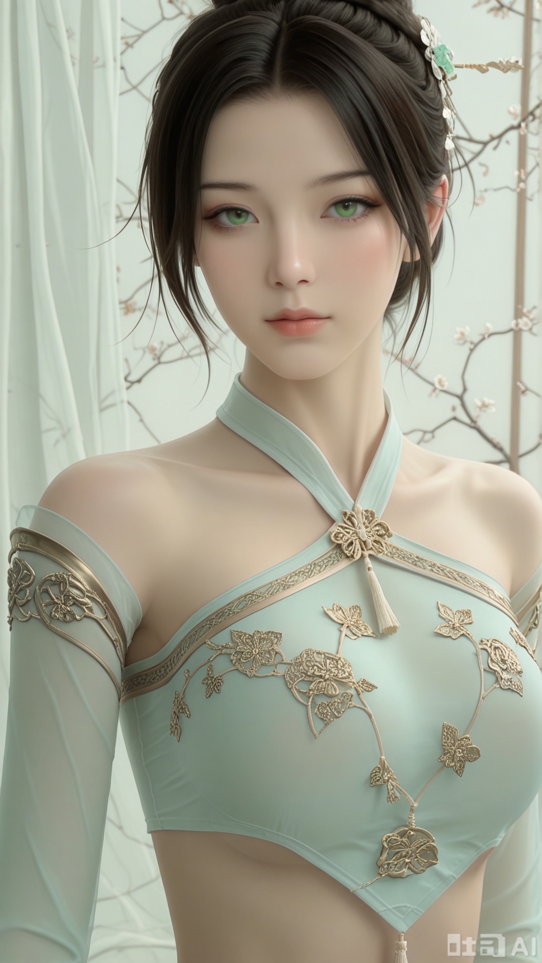 score_9,score_8, 1woman, ornament, solo, green tassel triangle dudou, Glossy exquisite skin, even illumination, looking at viewer, upper_body, very awa, Solid_translucent background