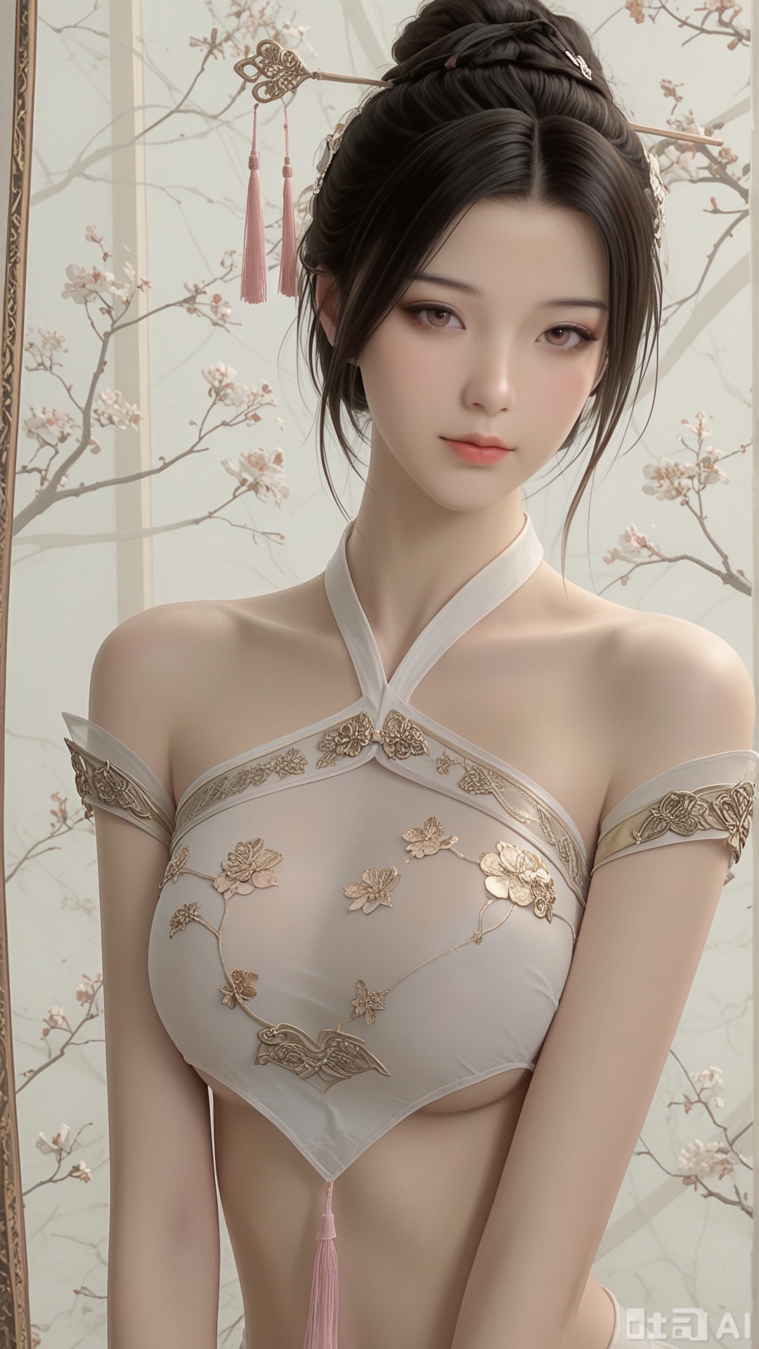 score_9,score_8, 1woman, ornament, solo, pink tassel triangle dudou, Glossy exquisite skin, even illumination, looking at viewer, very awa, Solid_translucent background