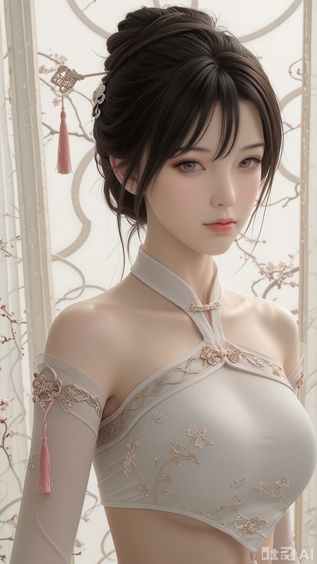 score_9,score_8, 1woman, ornament, solo, pink tassel triangle dudou, Glossy exquisite skin, even illumination, looking at viewer, very awa, Solid_translucent background