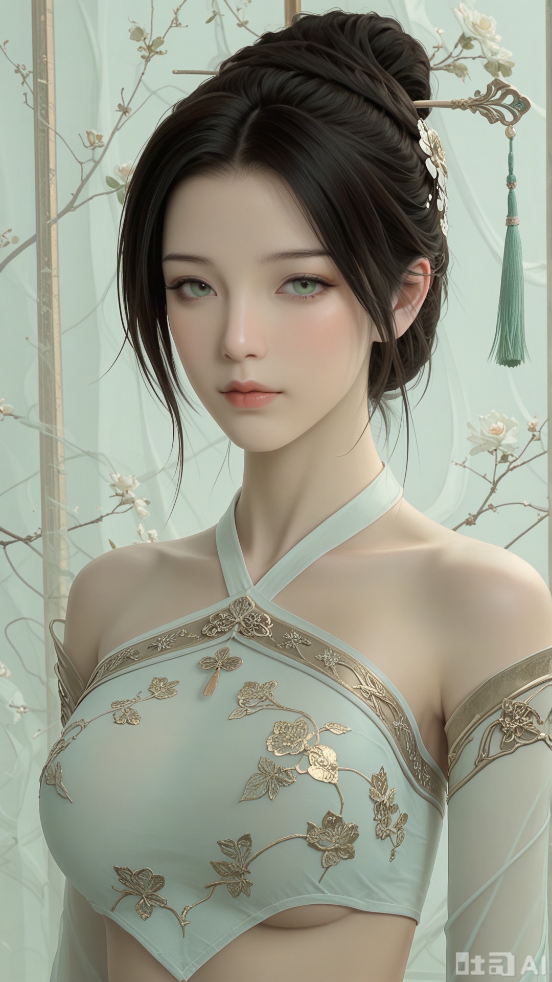 score_9,score_8, 1woman, ornament, solo, green tassel triangle dudou, Glossy exquisite skin, even illumination, looking at viewer, upper_body, very awa, Solid_translucent background